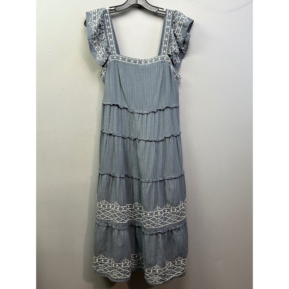 Knox Rose Dress Women‎ S Blue Midi Embroidered Tiered Flutter Sleeve Square Neck